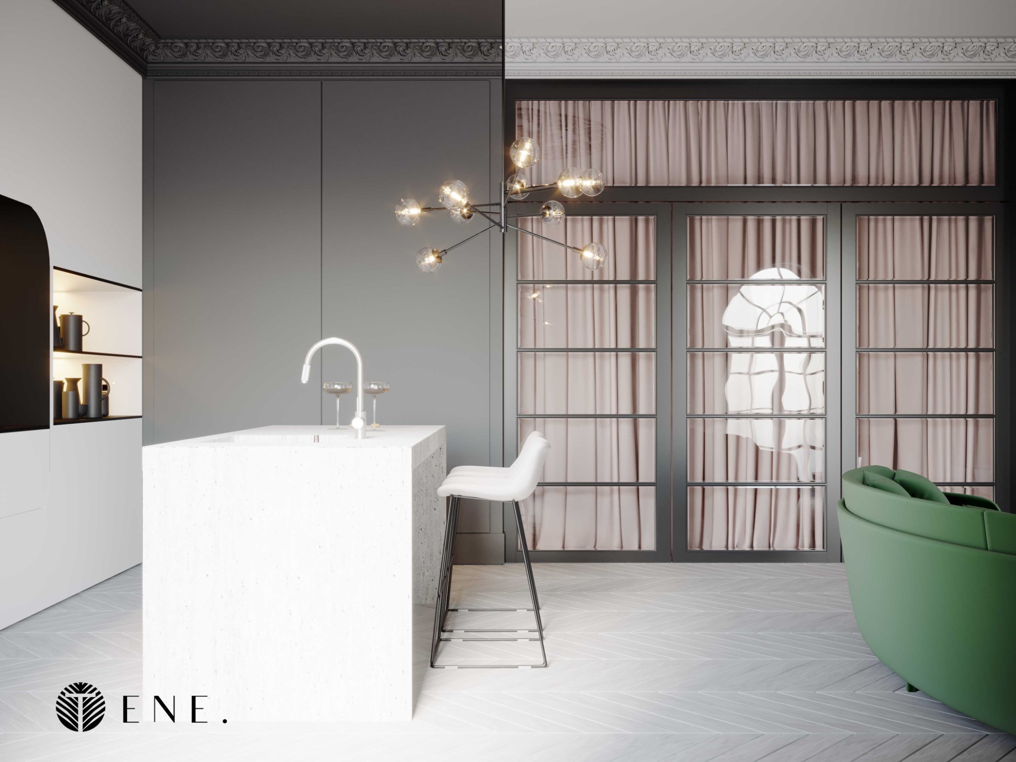 Wizualizacja nowoczesnej kuchni z wyspą o teksturze lastryko, białymi szafkami, szarą ścianą z dekoracyjną sztukaterią, modernistyczną lampą i parkietem ułożonym w jodełkę.