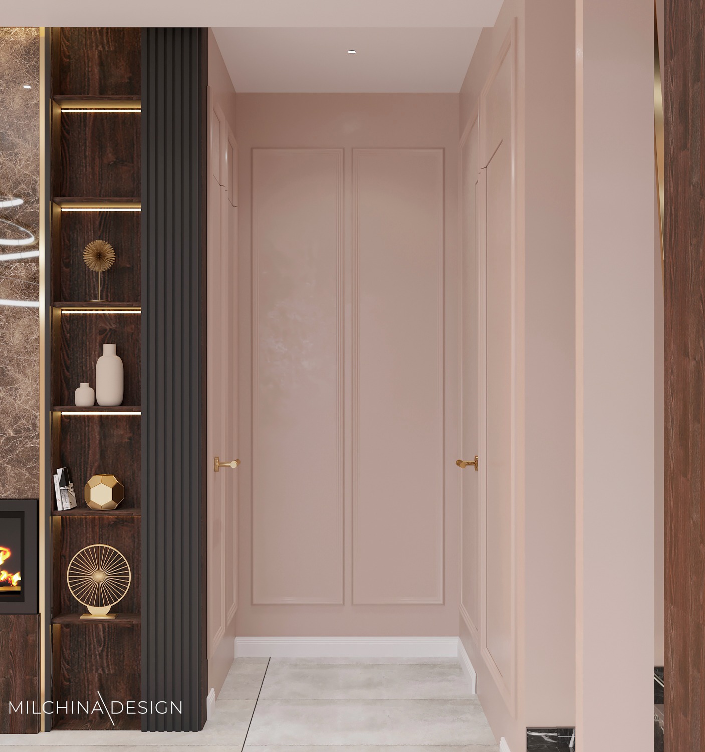 Wnętrze mieszkania z dekoracyjną półką z podświetleniem, na której znajdują się ozdobne przedmioty, oraz różowe ściany z panelami i złotymi klamkami.