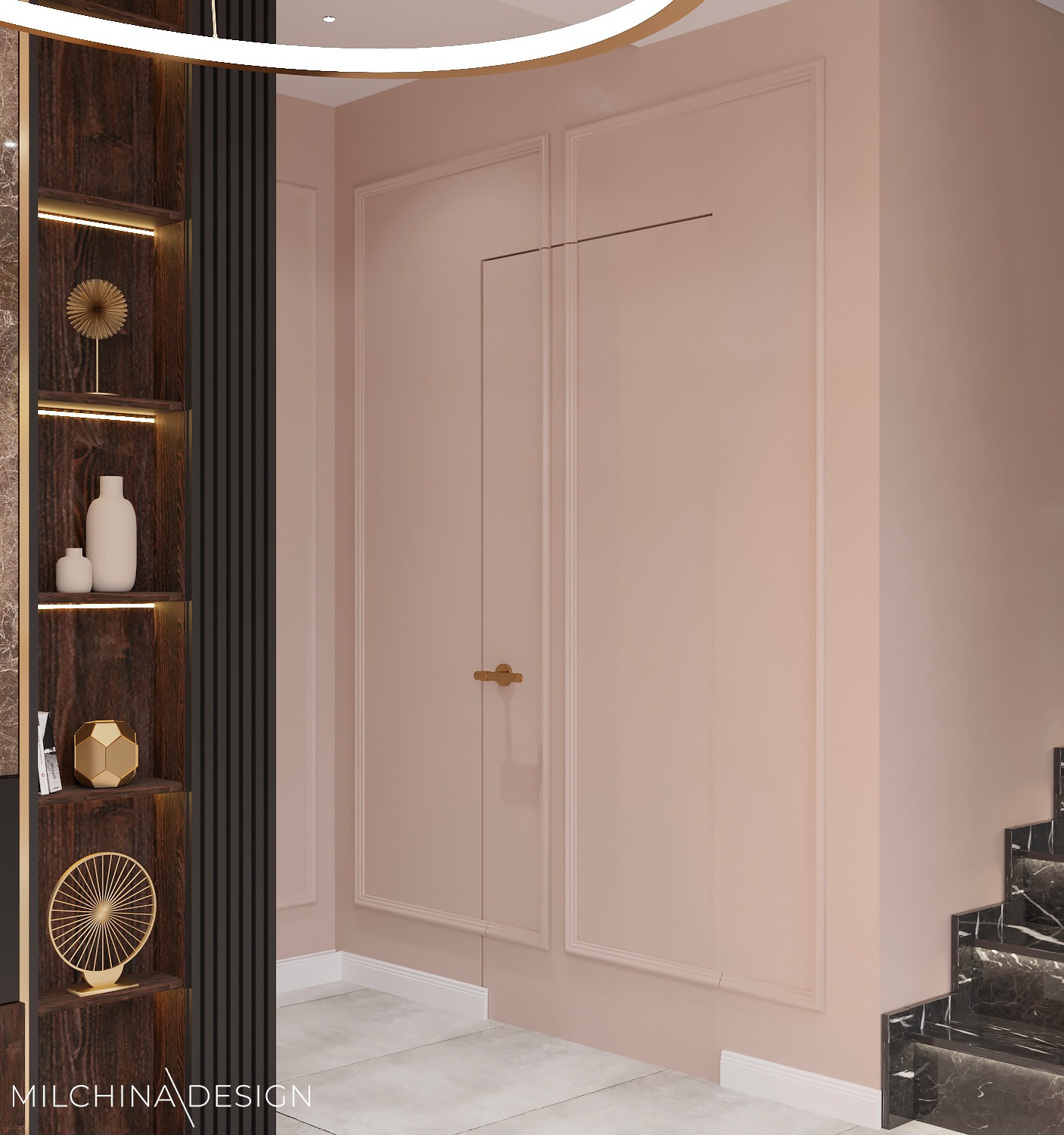 Nowoczesne wnętrze: różowe ściany z dekoracyjnymi listwami, ukryte drzwi z minimalistyczną klamką, drewniany regał z podświetlanymi półkami i złotymi ozdobami, marmurowe schody.