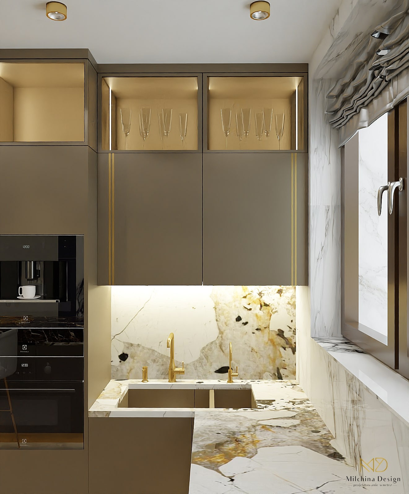 Nowoczesna kuchnia z marmurowym blatem i backsplash, złote baterie, wbudowany ekspres do kawy i piekarnik Electrolux, szklanki do szampana w podświetlanych szafkach.