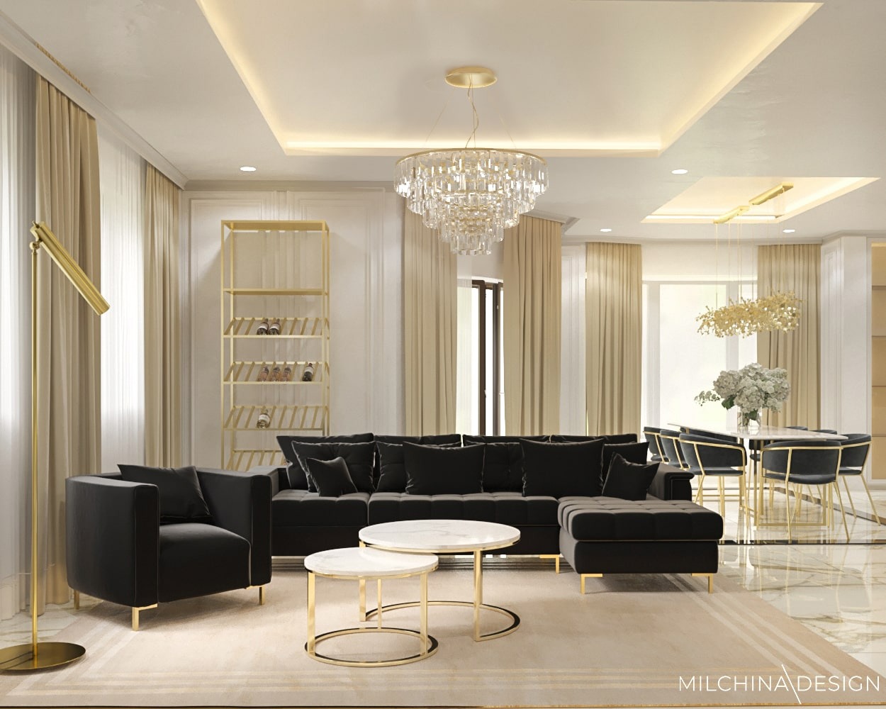 Elegancki salon w odcieniach beżu i czerni z akcentami złota, z dużym narożnikiem, marmurowymi stolikami kawowymi i kryształowym żyrandolem.