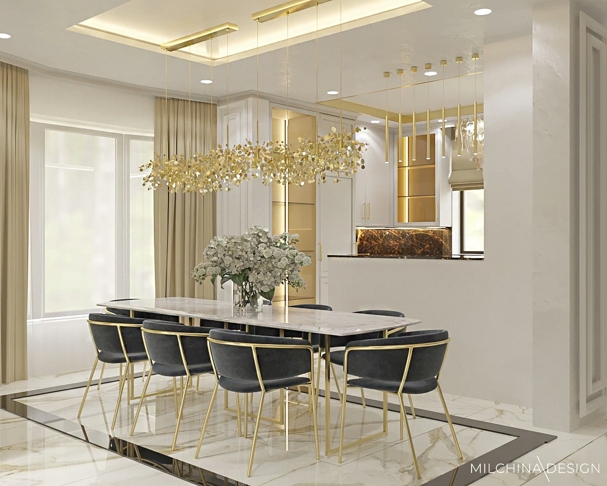 Elegancka jadalnia w stylu glamour z marmurową podłogą, stołem z białym blatem i aksamitnymi krzesłami z złotymi nogami, oświetlona dekoracyjną lampą wiszącą z elementami złota.