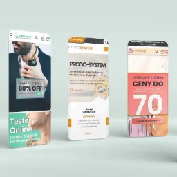 Prezentacja mobilnych stron internetowych różnych firm na białym tle, z przykładami z branży brukarskiej, elektrycznej i perfum oraz basenów.