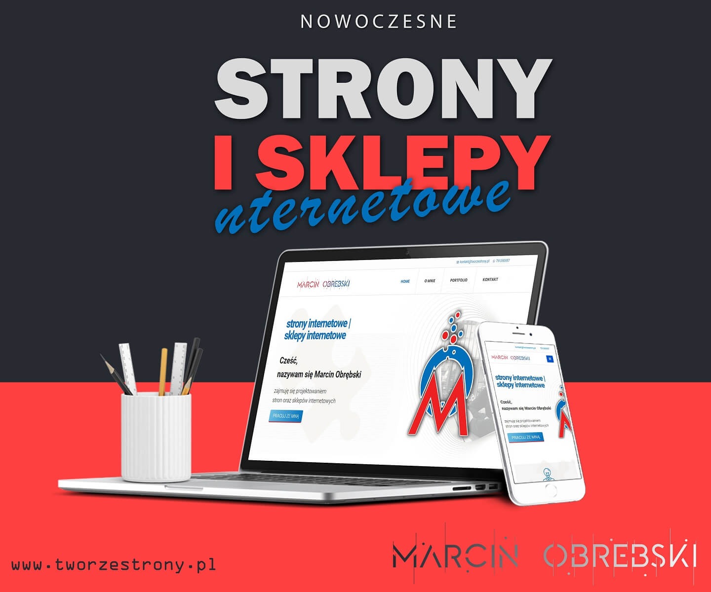 Laptop i smartfon prezentujące responsywną stronę internetową z logo firmy Marcin Obrębski na nowoczesnym, dwukolorowym tle z napisem 'Nowoczesne strony i sklepy internetowe'.