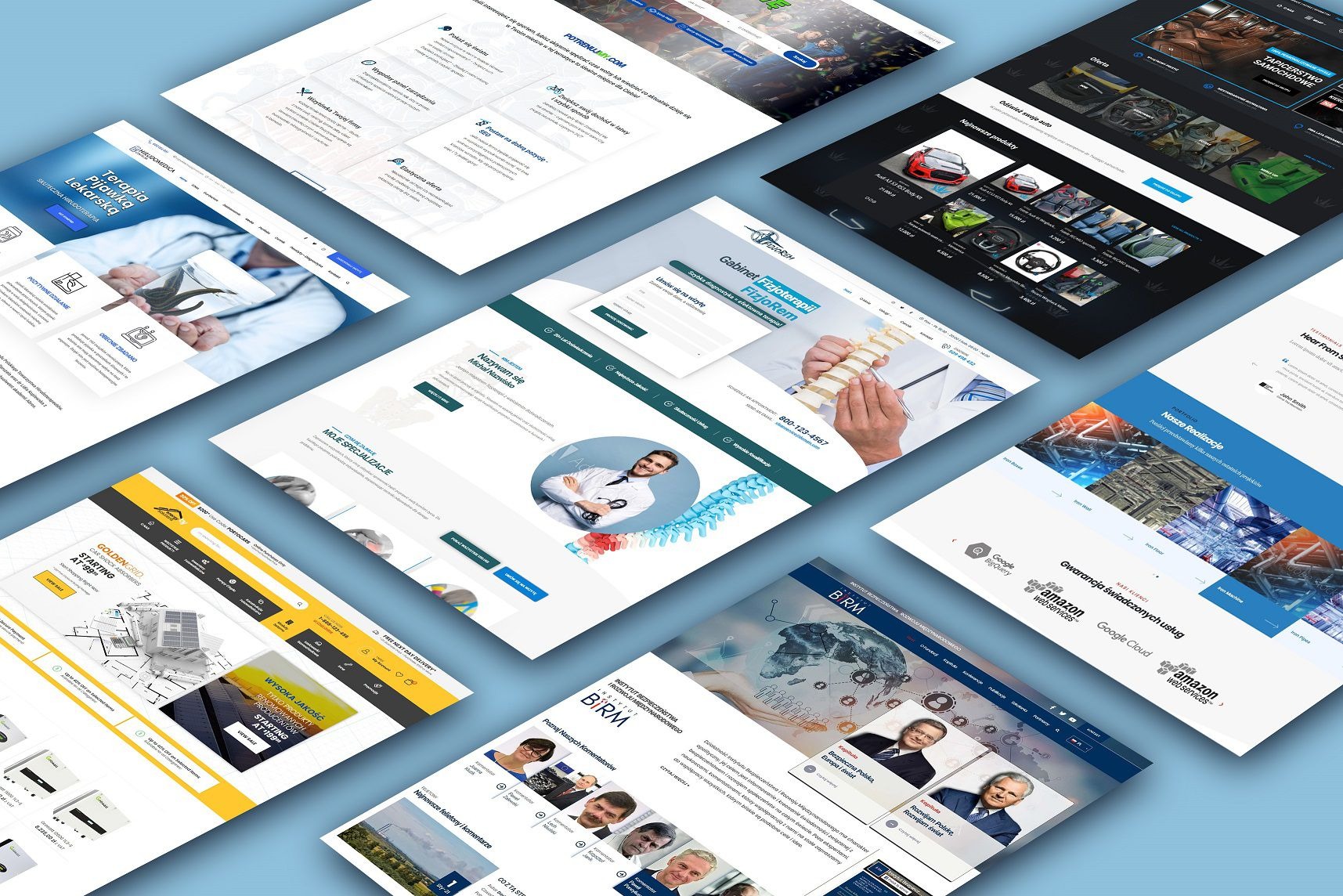 Zestaw wizualizacji interfejsów stron internetowych z różnych branż, w tym medycyny, motoryzacji i biznesu, wyświetlanych pod kątem na jasnoniebieskim tle.