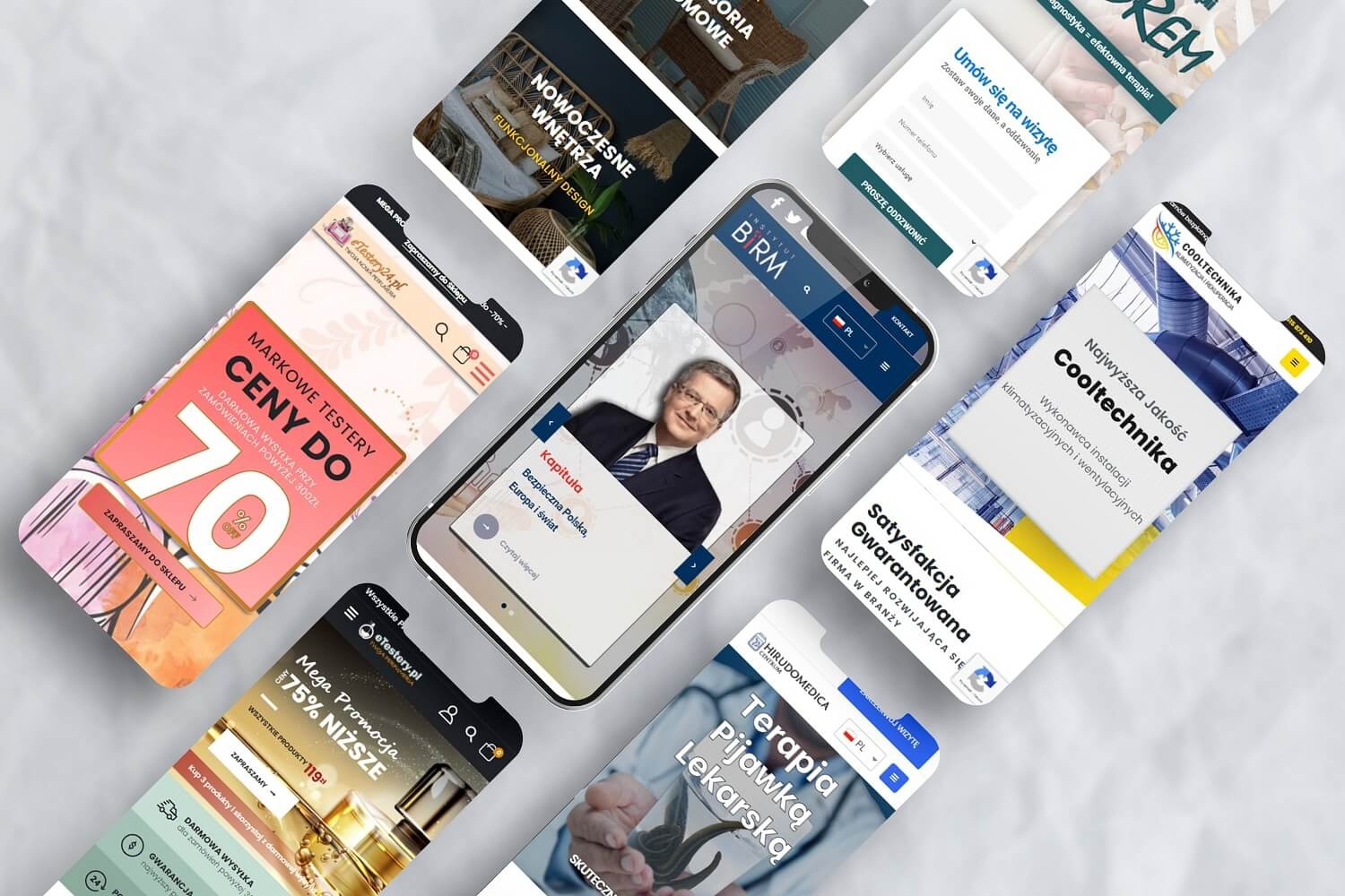 Prezentacja responsywnych stron internetowych na smartfonach z różnymi układami i treściami, w tym e-commerce, medycyna i usługi. Widoczne ekrany z ofertami promocyjnymi, formularzami kontaktowymi...