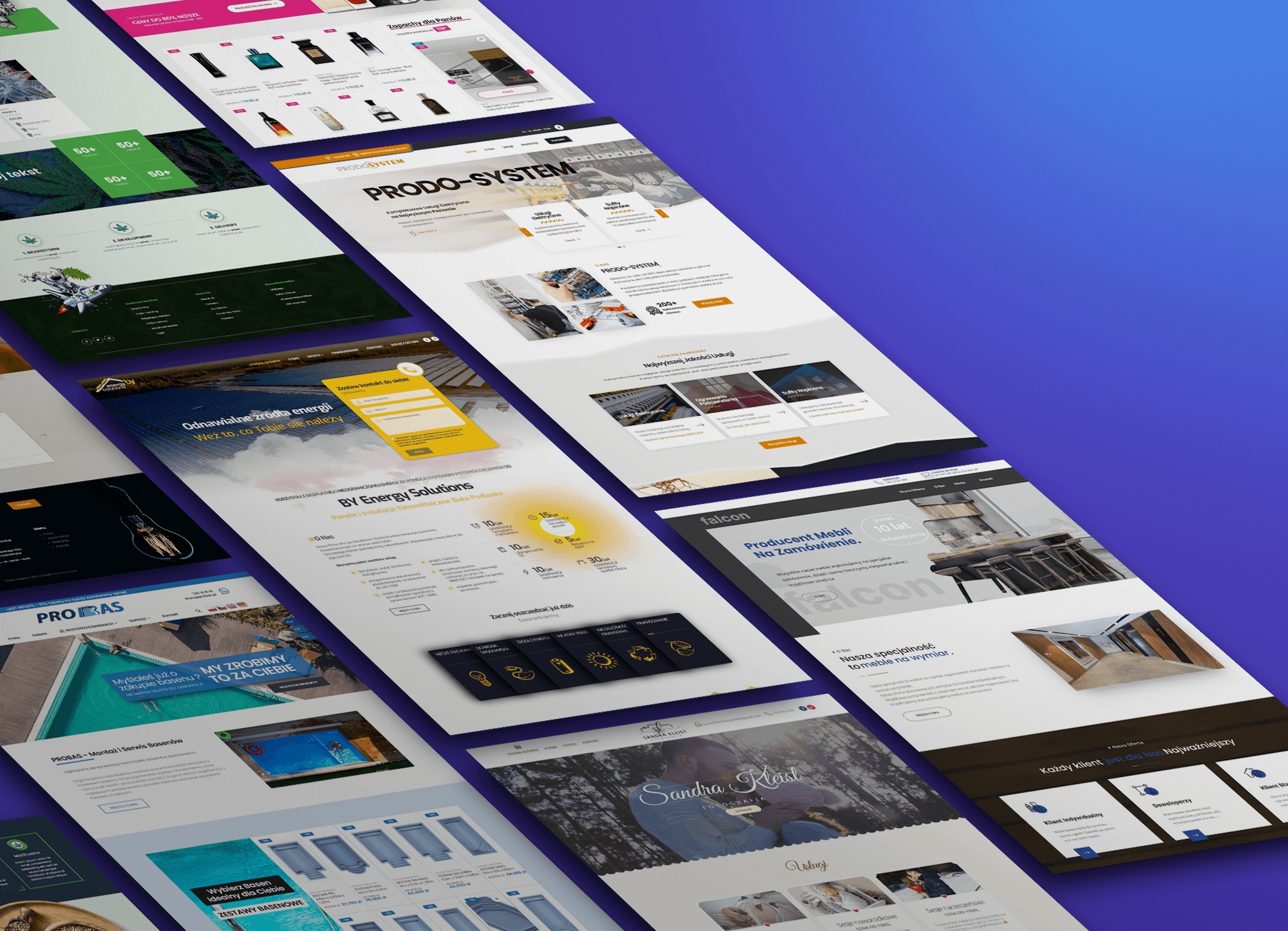 Kolaż zrzutów ekranu różnych stron internetowych, ukazujący różnorodność projektów i interfejsów użytkownika, ułożony pod kątem na niebieskim tle.