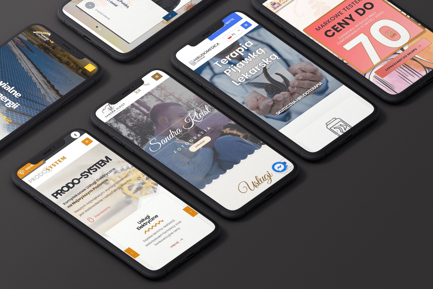 Różne strony internetowe wyświetlane na smartfonach, w tym strony firmowe z branży elektrycznej, fotograficznej i medycznej, ułożone na ciemnym tle.