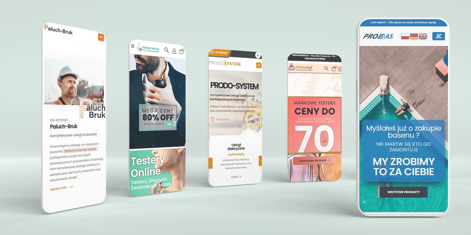 Prezentacja mobilnych stron internetowych różnych firm na białym tle, z przykładami z branży brukarskiej, elektrycznej i perfum oraz basenów.
