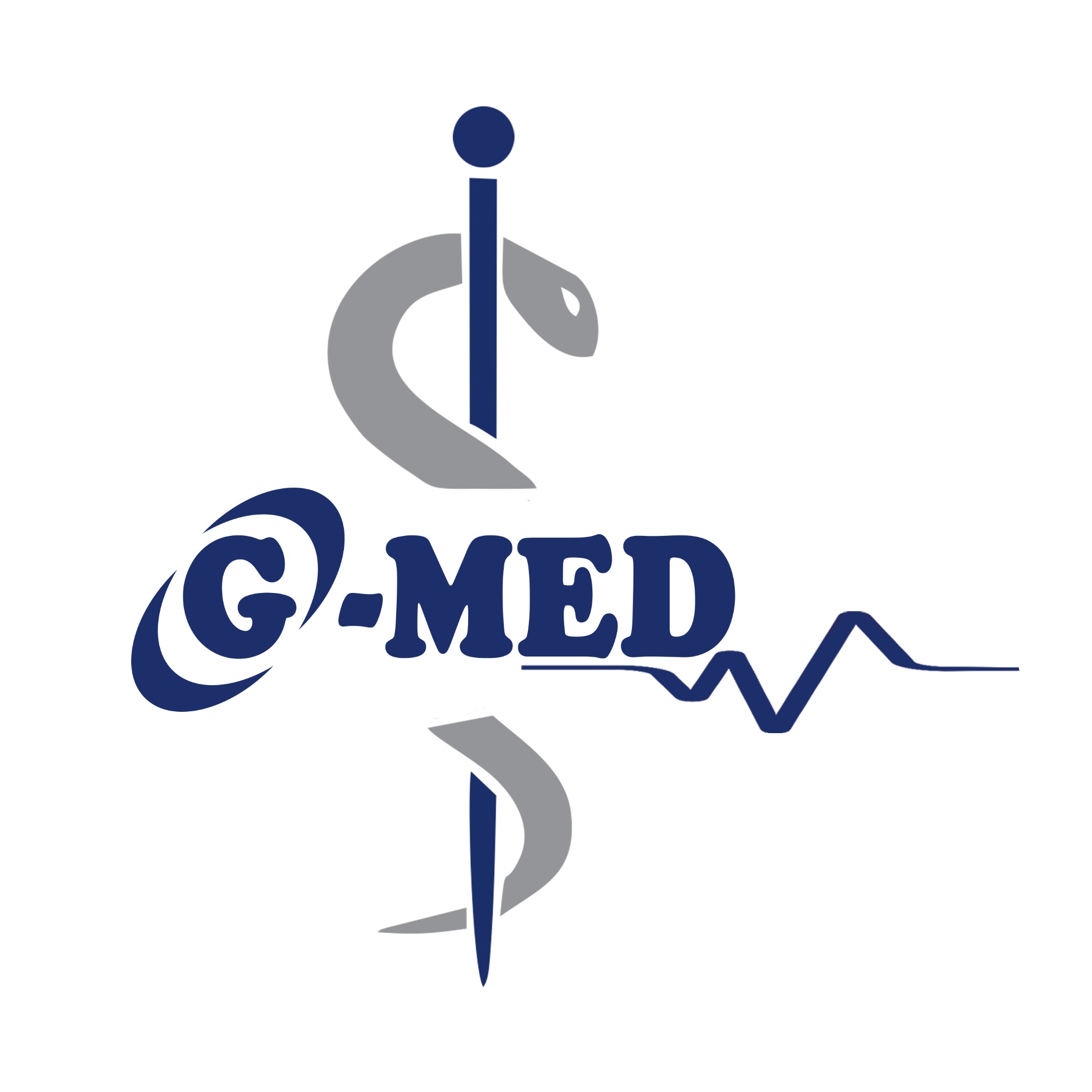 Logo firmy G-MED z symbolem Eskulapa i linią EKG w kolorach szarym i granatowym na białym tle.