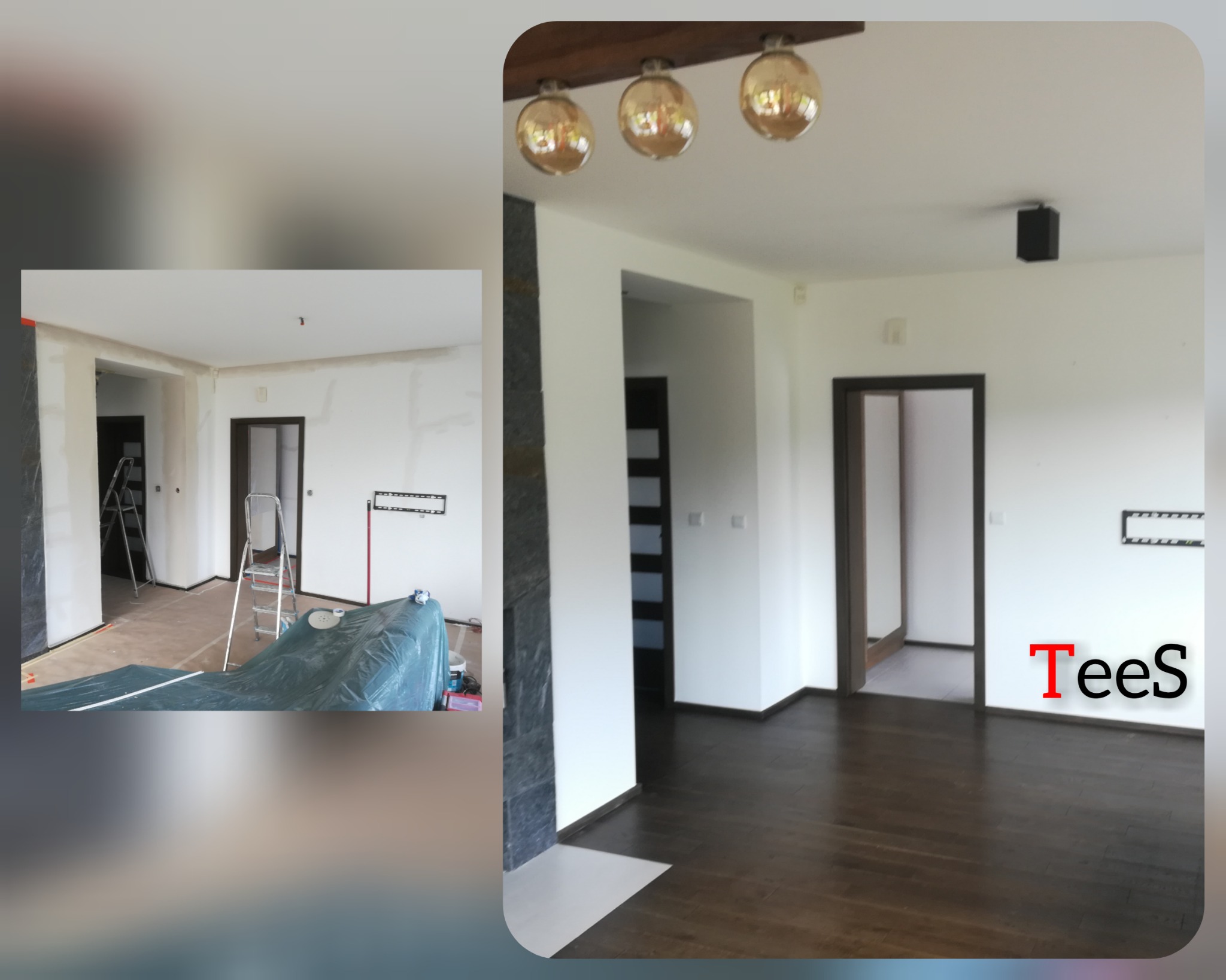 Salon w trakcie remontu: połowa pomieszczenia z gładzią na ścianach, zabezpieczona podłoga i drabina, druga połowa z pomalowanymi ścianami i ciemną podłogą.