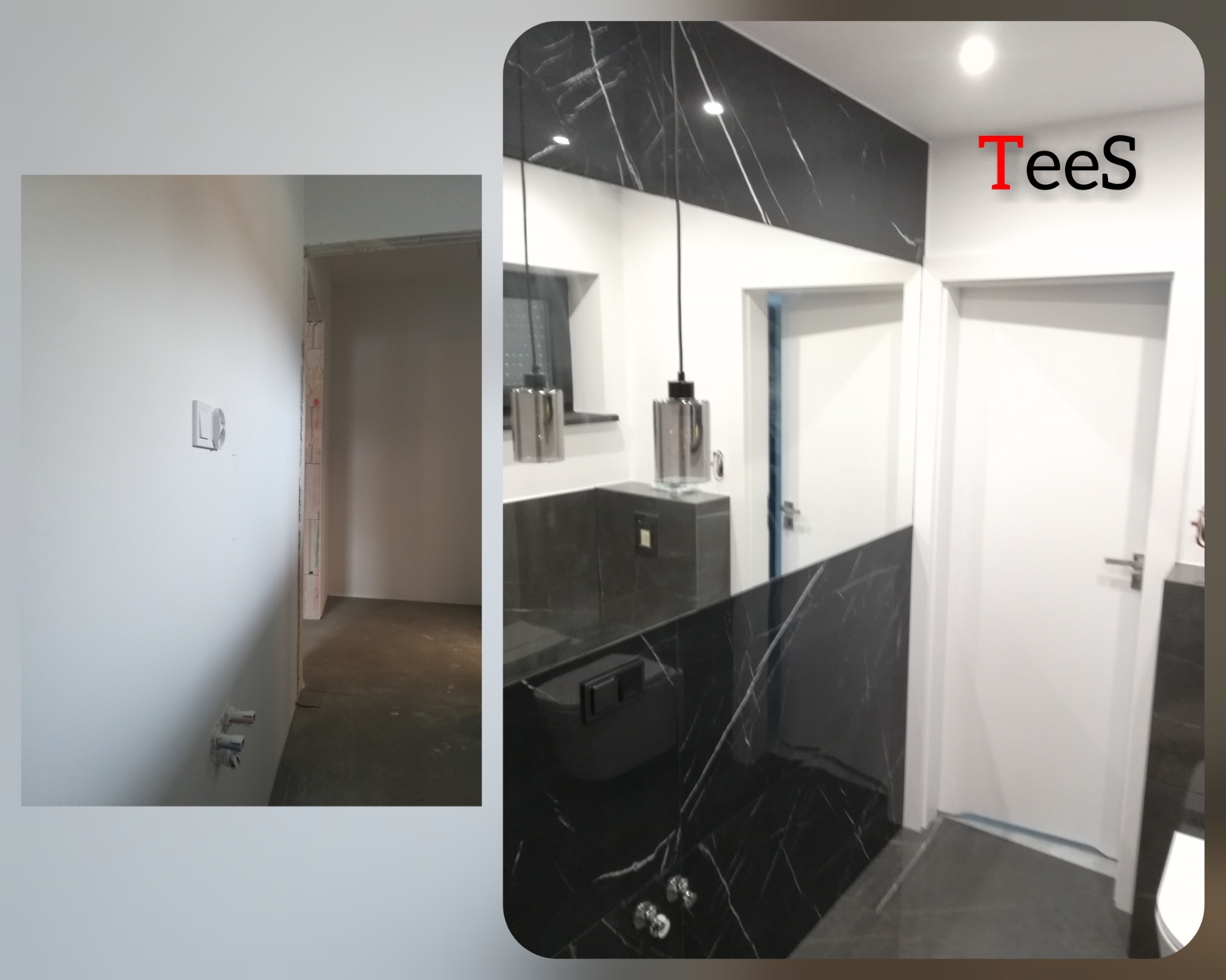 Częściowo wykończona łazienka z czarnymi płytkami imitującymi marmur na ścianach i podłodze, wisząca lampa ze srebrnym kloszem oraz białe drzwi. Po lewej stronie widoczny fragment surowego...