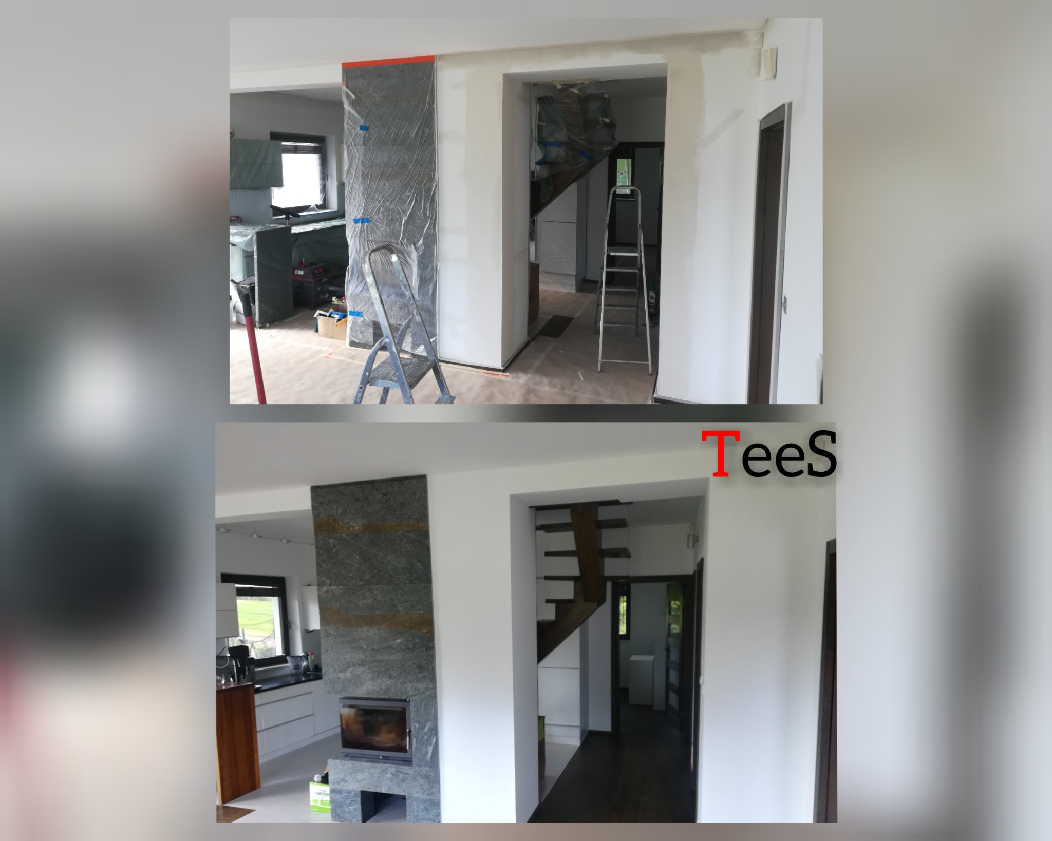 Przygotowanie do malowania wnętrza: zabezpieczone folią ściany i meble, drabina rozstawiona w przejściu, widoczne ślady szpachlowania na ścianach.