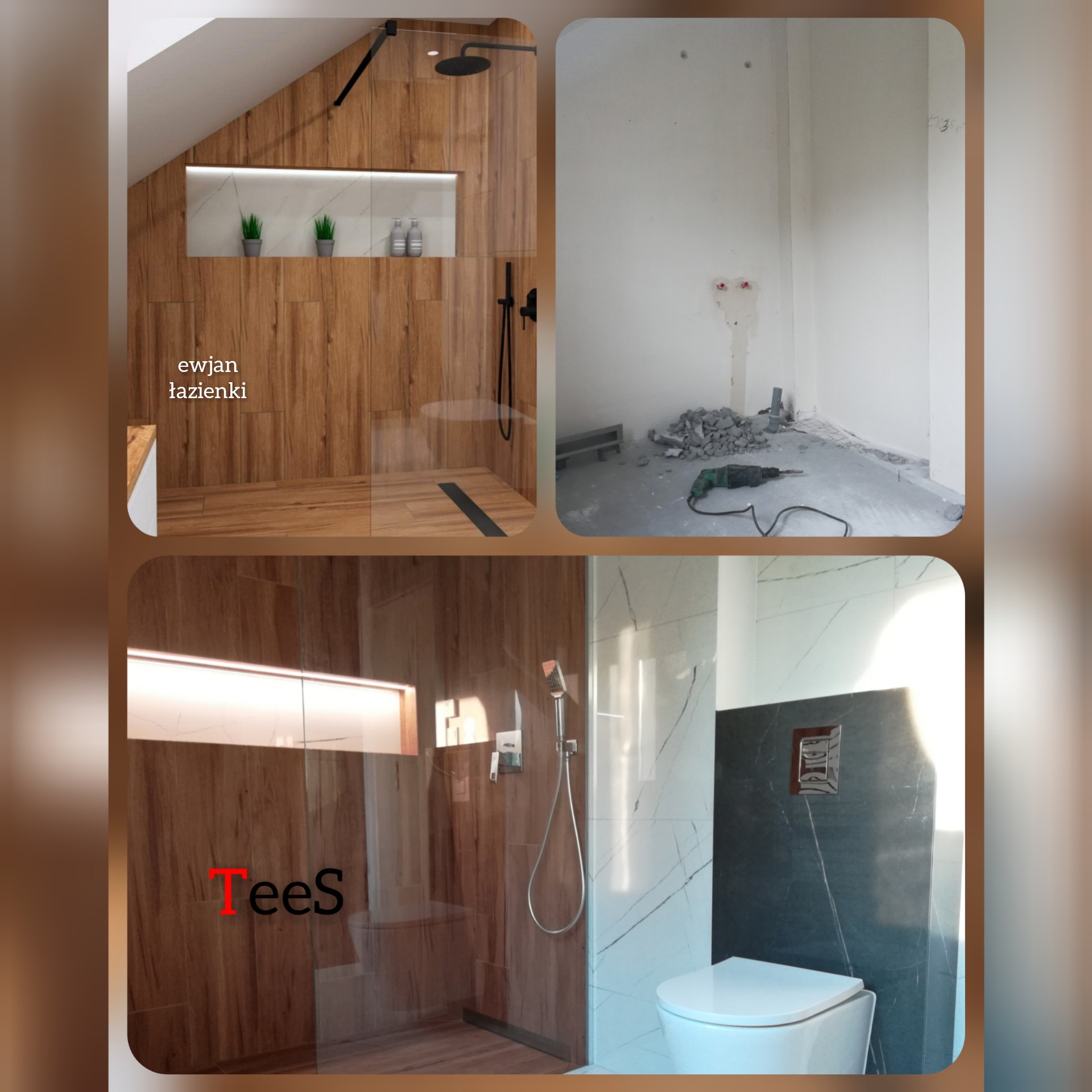 Kolaż przedstawiający łazienkę w dwóch etapach: po lewej wizualizacja 3D z drewnopodobnymi płytkami, czarną armaturą i wnęką z roślinami, po prawej stan surowy z gruzem, przewodami i narzędziem...