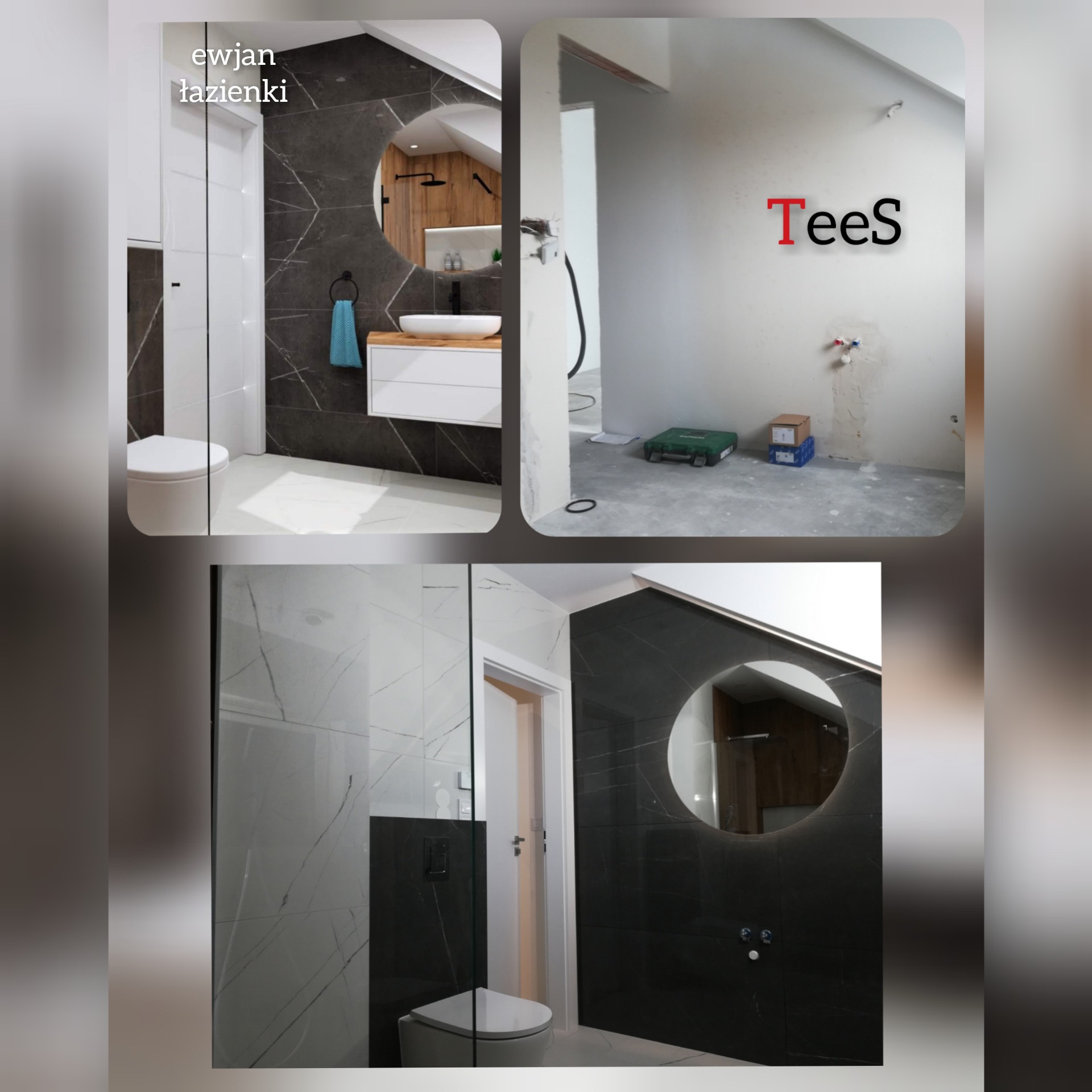 Kolaż przedstawiający fragment wykończonej łazienki z czarno-białymi płytkami imitującymi marmur, okrągłym lustrem i wiszącą szafką z umywalką oraz surową łazienkę w trakcie prac wykończeniowych...