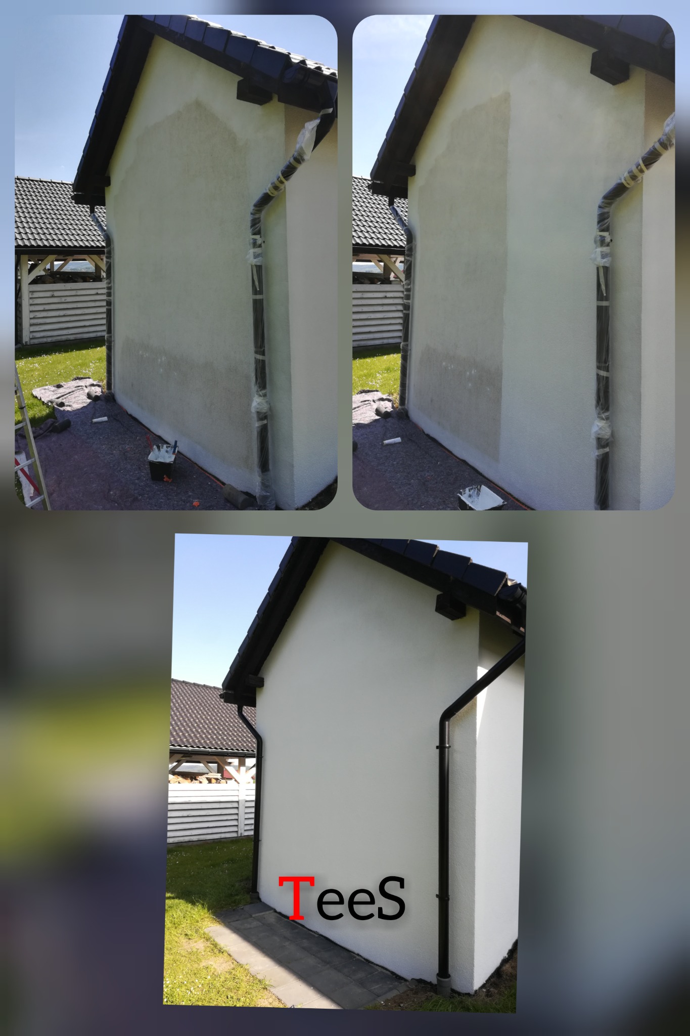 Boczna ściana budynku po częściowym nałożeniu nowej warstwy tynku, z widocznymi śladami wcześniejszego stanu i zabezpieczonym rynną, w tle fragment ogrodu