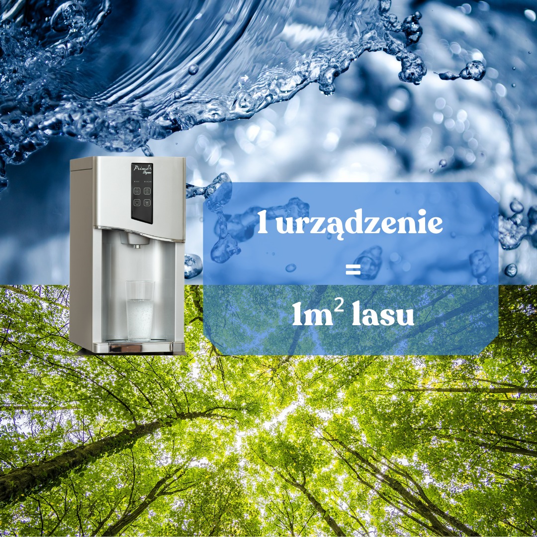 Dystrybutor wody w srebrnej obudowie z szklanką wody na tle kolażu: u góry woda w ruchu, na dole korony drzew z dołu, z hasłem '1 urządzenie = 1m2 lasu'.