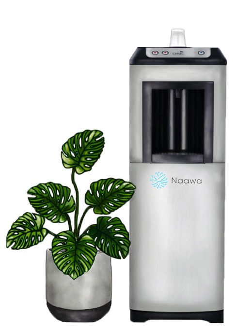 Ilustracja dystrybutora wody marki Naawa obok doniczki z monsterą na białym tle.