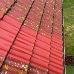 Częściowo wyczyszczony, czerwony dach z dachówki ceramicznej, z widocznymi śladami mchu i porostów, kontrastujący z czystą powierzchnią po zabiegu czyszczenia. Widoczny fragment rynny i trawnik w tle.
