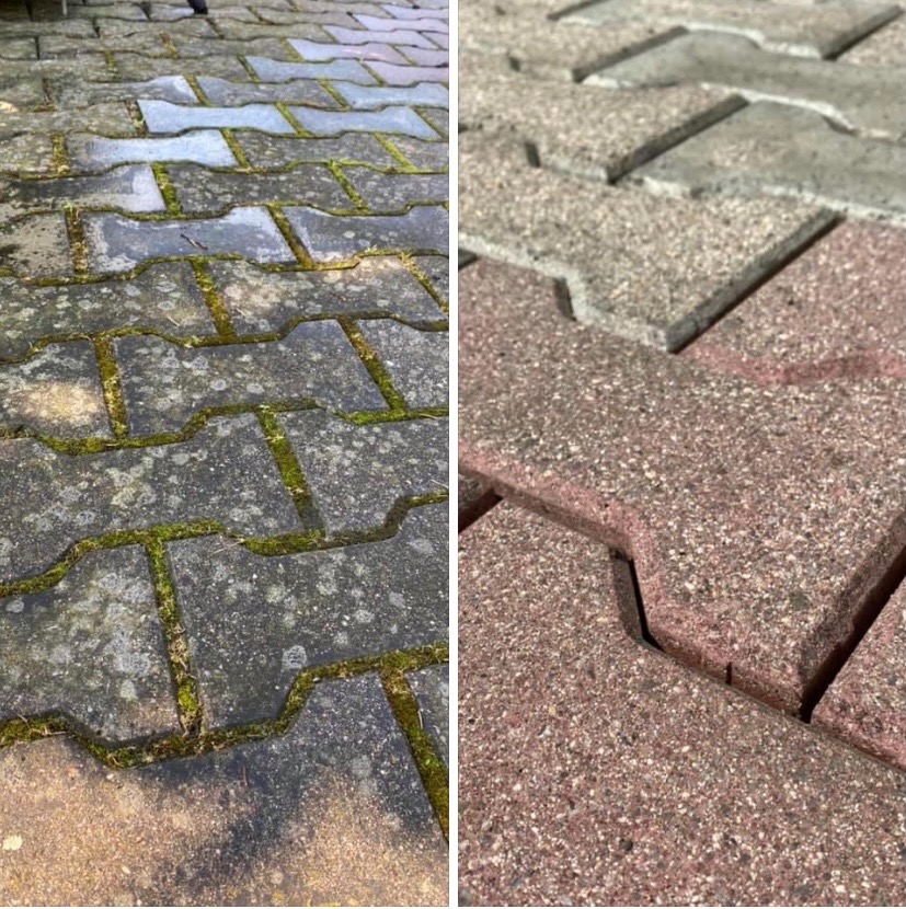 Porównanie stanu kostki brukowej przed i po czyszczeniu: po lewej kostka pokryta mchem i zabrudzeniami, po prawej czysta, czerwono-szara kostka brukowa z widoczną strukturą kruszywa.