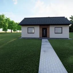 Wizualizacja parterowego domu z czarnym dachem i elewacją w jasnym odcieniu, otoczonego zielonym trawnikiem i drzewami, z chodnikiem prowadzącym do drzwi wejściowych.