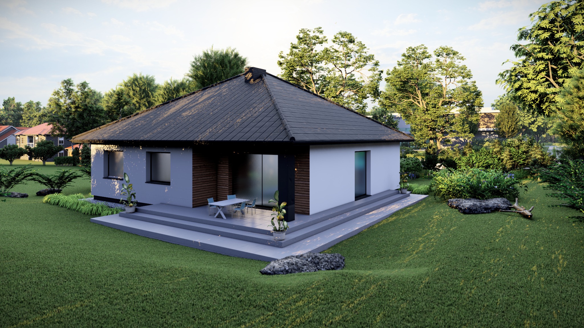 Wizualizacja parterowego domu jednorodzinnego z płaskim dachem, tarasem z meblami ogrodowymi i bujną zielenią w tle.
