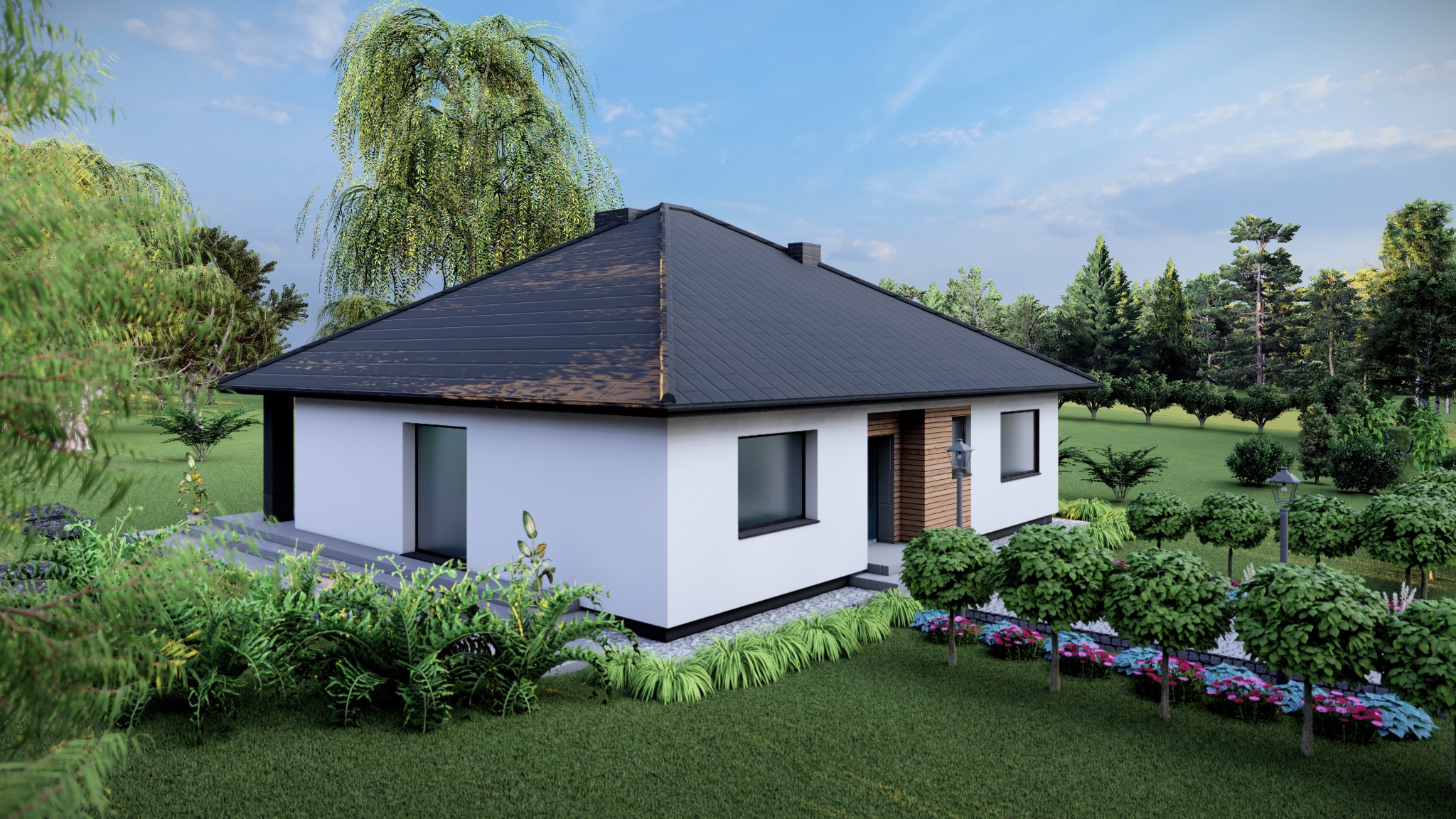 Wizualizacja nowoczesnego, parterowego domu z płaskim dachem, białymi ścianami i drewnianymi elementami elewacji, otoczonego bujną zielenią i zadbanym trawnikiem. Widoczne lampy ogrodowe...