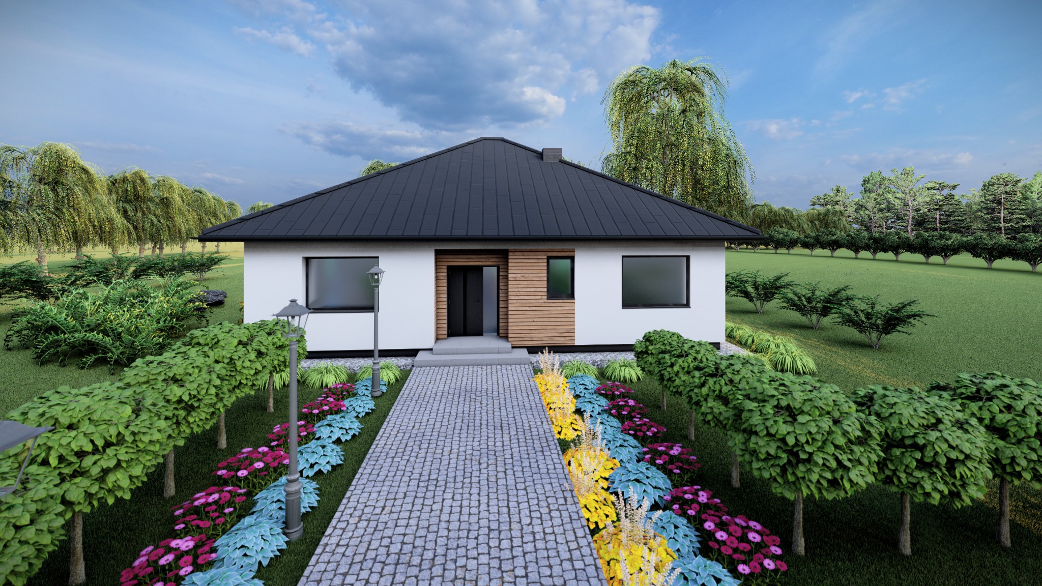 Wizualizacja parterowego domu jednorodzinnego z czarnym dachem dwuspadowym, białymi ścianami i elementami z drewnianej okładziny, otoczonego ozdobnym ogrodem z kamienną ścieżką i latarniami.