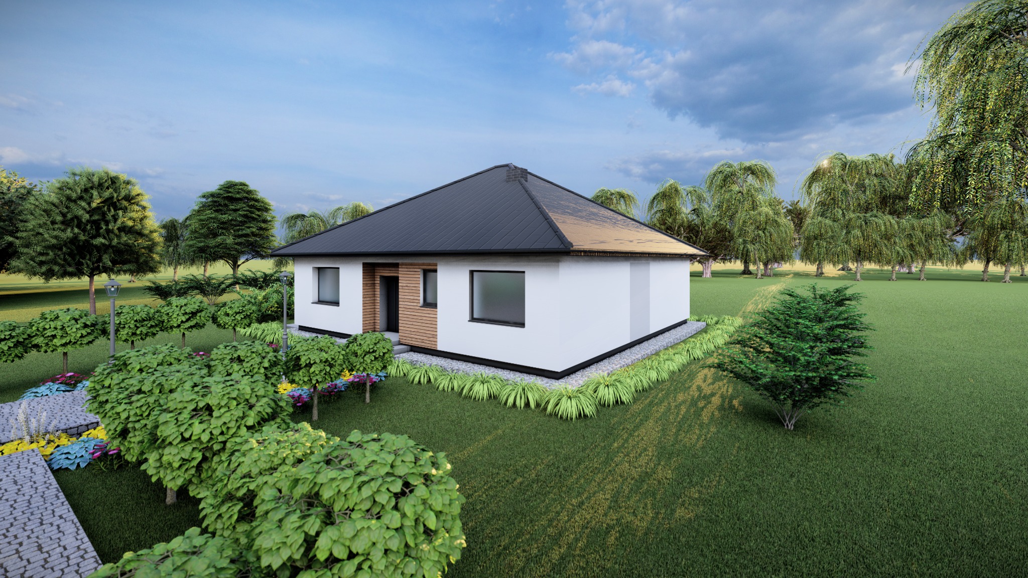 Wizualizacja parterowego domu jednorodzinnego z czarnym dachem, drewnianą elewacją i zadbanym ogrodem z ozdobnymi krzewami i ścieżką z kostki.