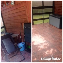 TIP TOP CLEANING SERVICES AGNIESZKA ROGAL-MOŃ - Zdjęcie werandy przed (zagracona) i po (czysta), z widoczną różnicą w porządku i czystości płytek. Zastosowano technikę kolażu.