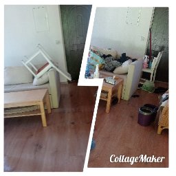 TIP TOP CLEANING SERVICES AGNIESZKA ROGAL-MOŃ - Zdjęcie typu 'przed i po' przedstawia pokój dzienny: po lewej stronie bałagan, po prawej posprzątany, z mopem i środkami czystości. Na dole napis CollageMaker.