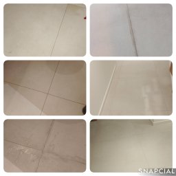 TIP TOP CLEANING SERVICES AGNIESZKA ROGAL-MOŃ - Kolaż sześciu zbliżeń na jasne, wyczyszczone płytki podłogowe z widocznymi fugami. Na niektórych fragmentach widać ślady wody lub zabrudzeń przed czyszczeniem.
