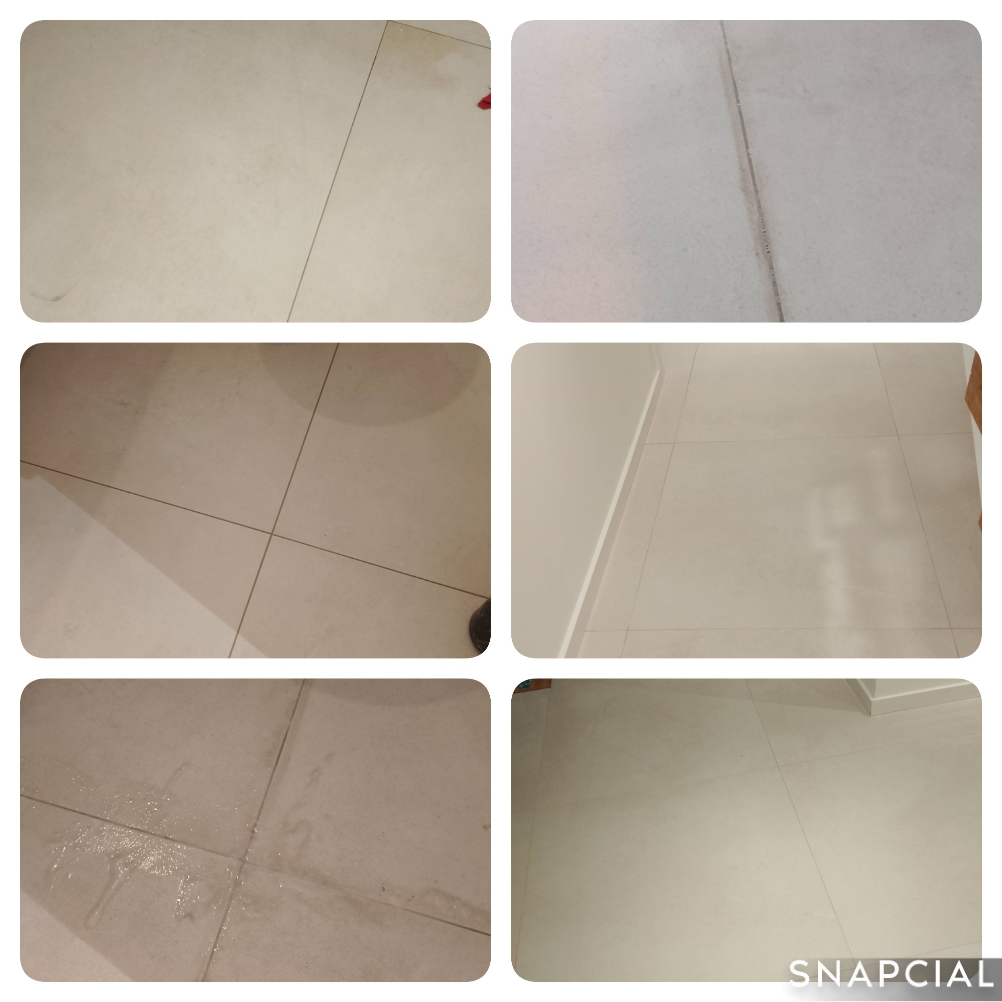 Kolaż sześciu zbliżeń na jasne, wyczyszczone płytki podłogowe z widocznymi fugami. Na niektórych fragmentach widać ślady wody lub zabrudzeń przed czyszczeniem.