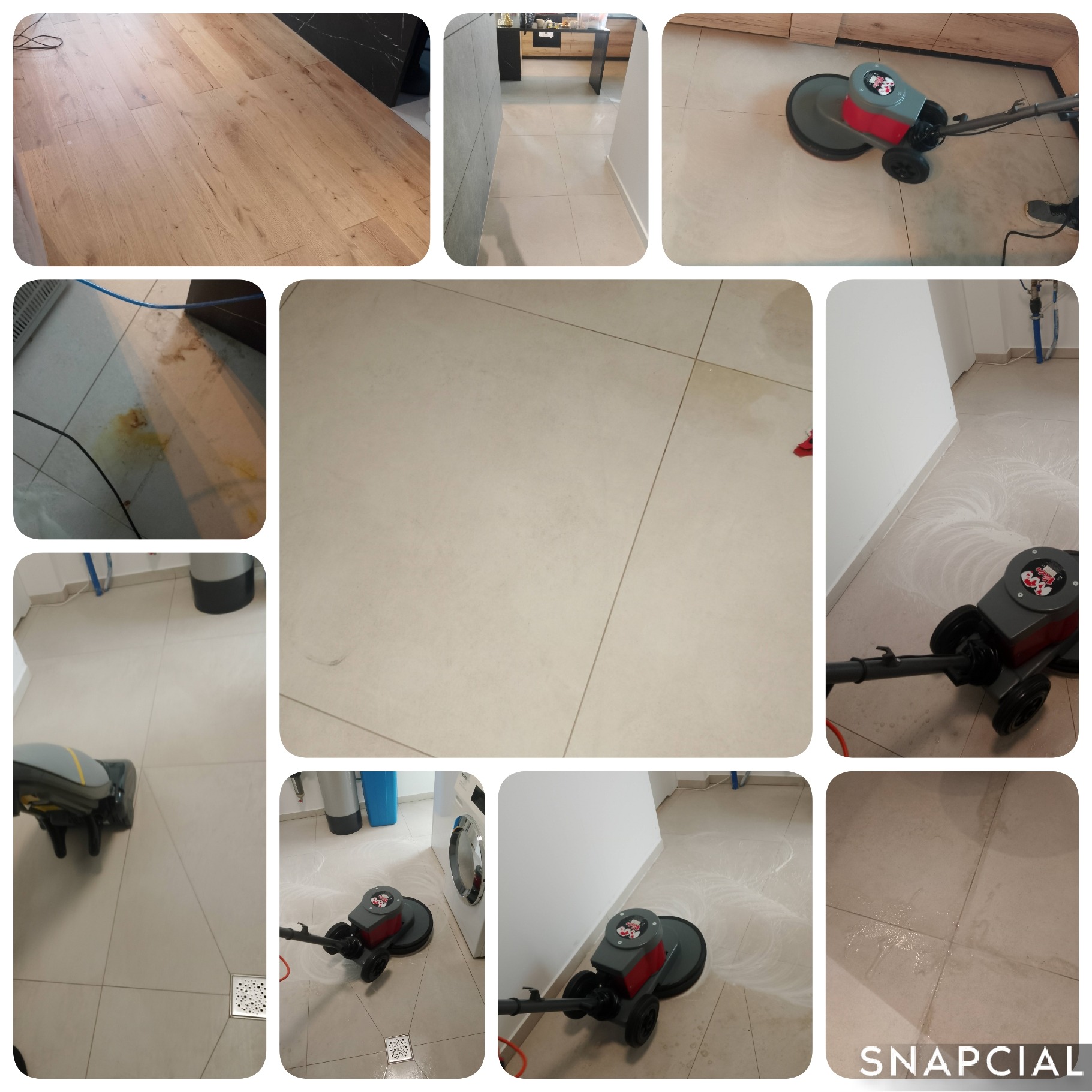 Kolaż zdjęć prezentujący etapy czyszczenia podłóg w różnych pomieszczeniach, z użyciem specjalistycznej maszyny czyszczącej. Widoczne efekty czyszczenia na jasnych płytkach.