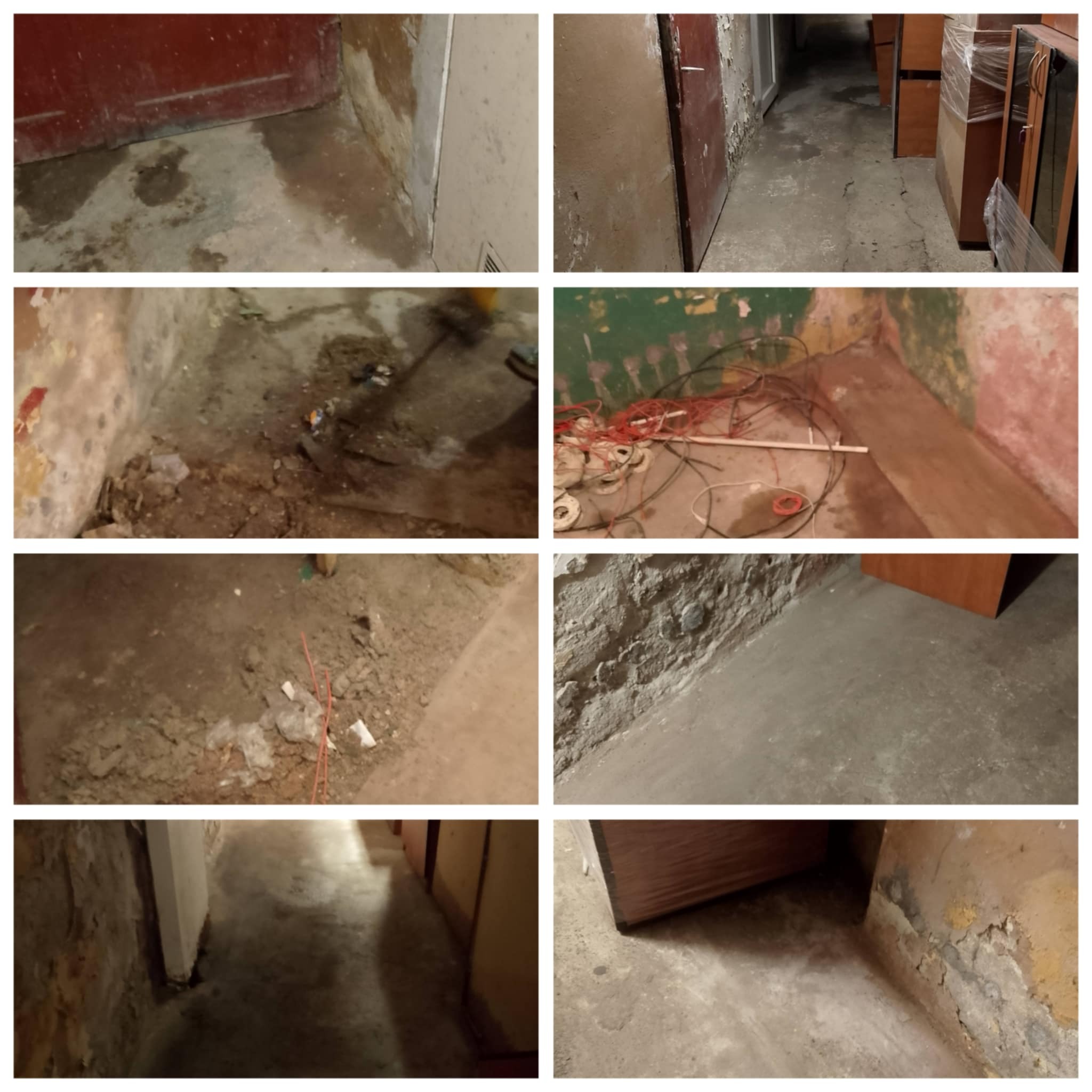 Mozaika zdjęć piwnicy po zalaniu: brudna podłoga, resztki mułu, tynku, kable. Widoczne ślady po wodzie i wilgoci na ścianach. Część pomieszczenia już oczyszczona.