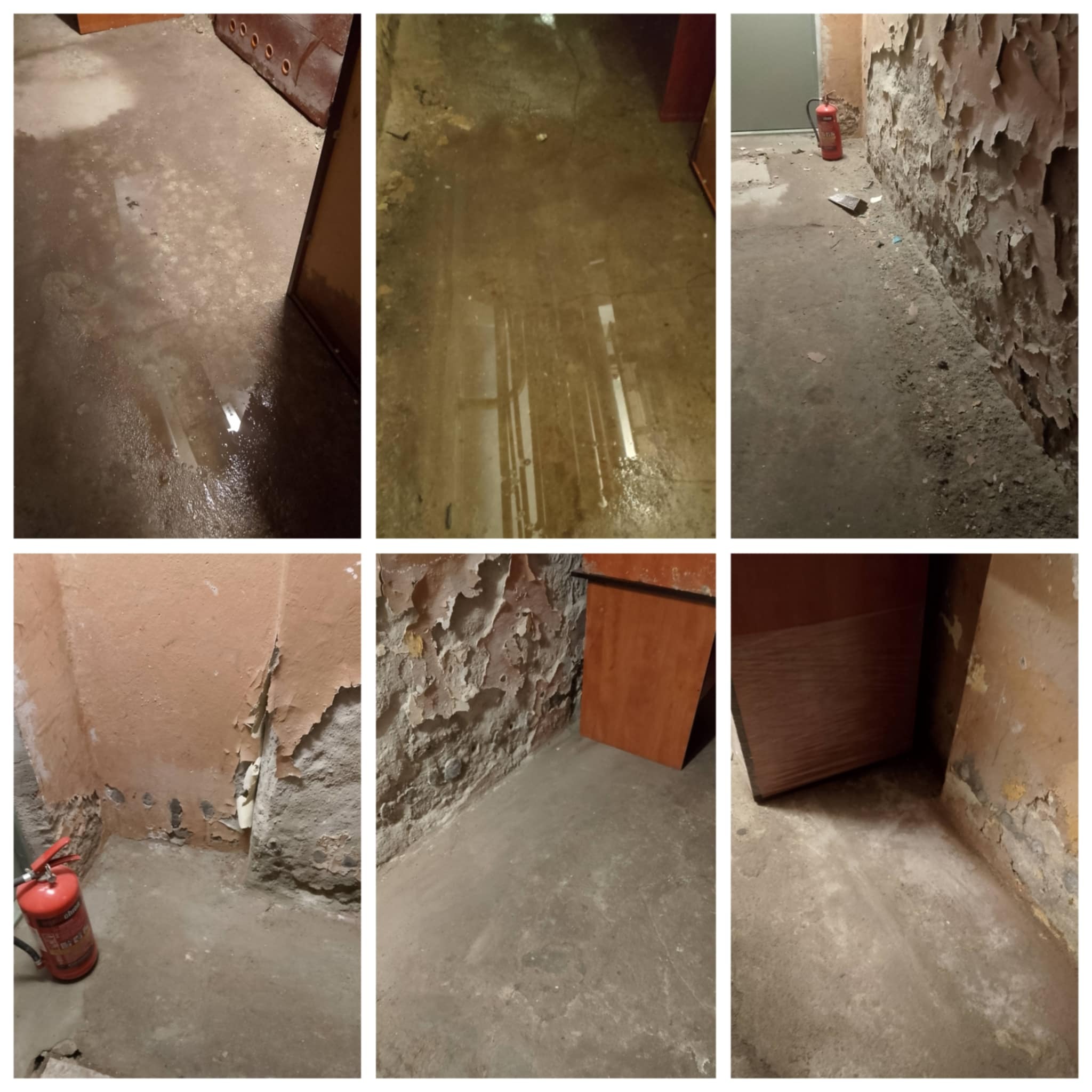 Zestawienie zdjęć piwnicy przed sprzątaniem: mokra podłoga, odpadający tynk, widoczna gaśnica. Narożnik pomieszczenia z widocznymi uszkodzeniami.
