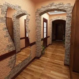 Aranżacja korytarza z dekoracyjnym kamieniem wokół łukowatych przejść i lustra, drewniana podłoga, beżowe ściany o fakturze baranka.