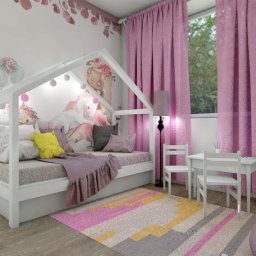 Pokój pięciolatki. 
Łóżko-domek było podstawą w projekcie. Ważne było zastosowanie koloru różowego i żółtego. 