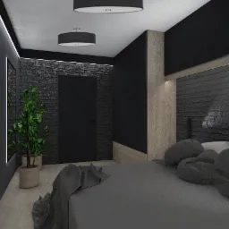 Nowoczesna sypialnia w ciemnych tonacjach z ceglaną ścianą, oświetleniem punktowym i roślinami doniczkowymi, uzupełniona szarą pościelą i dekoracyjnymi poduszkami.