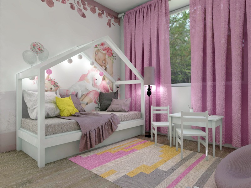 Pokój pięciolatki. Łóżko-domek było podstawą w projekcie. Ważne było zastosowanie koloru różowego i żółtego.