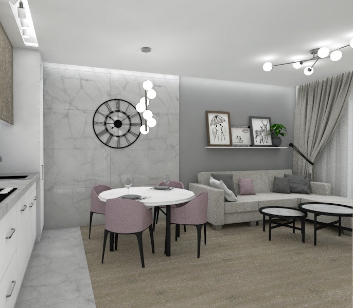 Salon z aneksem kuchennym. Widok od wejścia. Przestrzeń miała być nowoczesna, elegancka, z dodatkiem drewna i marmuru.