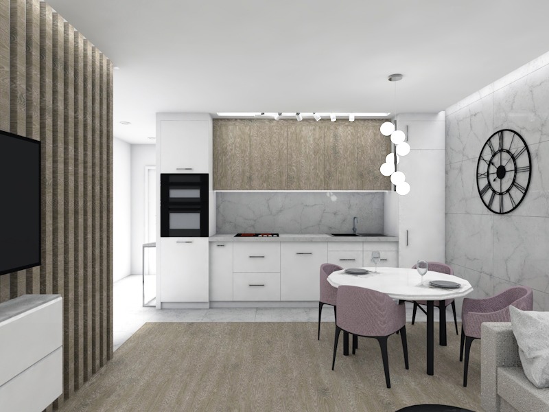 Wizualizacja salonu z aneksem kuchennym: białe meble kuchenne, marmurowy backsplash, okrągły stół z czterema krzesłami w odcieniach fioletu, drewniane lamele na ścianie, nowoczesna lampa wisząca...
