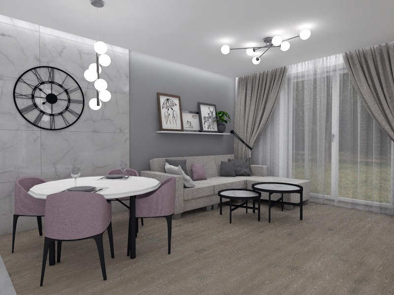 Wizualizacja salonu z aneksem kuchennym: okrągły stół z krzesłami w odcieniach fioletu, szara sofa narożna, marmurowa ściana z zegarem, drewniana podłoga i lampy kuliste.