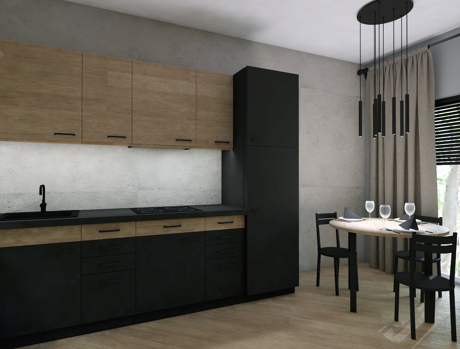 Wnętrze mieszkania z aneksem kuchennym w stylu loftowym. Widoczna zabudowa kuchenna z czarnymi szafkami dolnymi i drewnianymi górnymi, czarny zlew i płyta indukcyjna. W tle stół z czterema czarnymi...