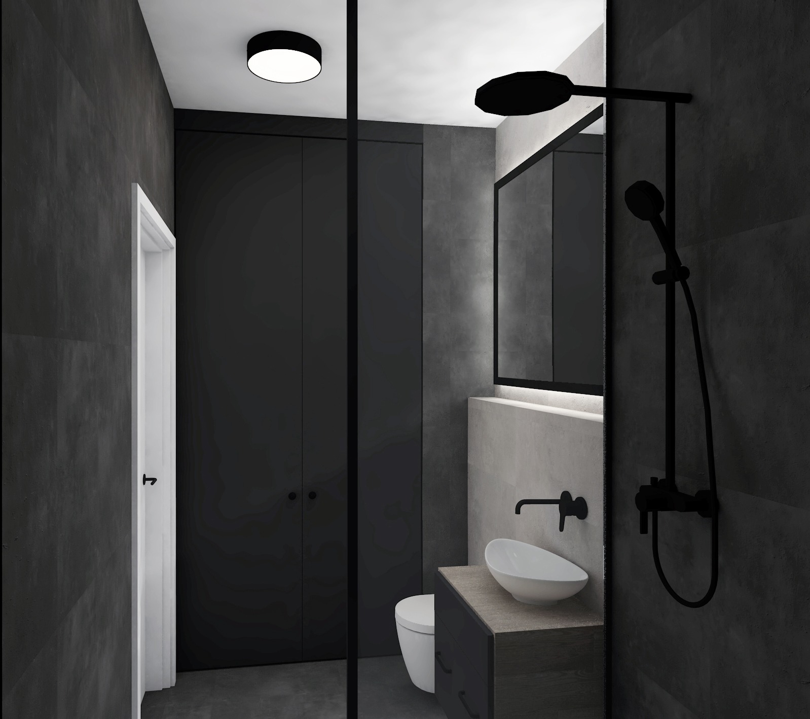 Wizualizacja łazienki w stylu loftowym z betonem architektonicznym, czarnymi elementami armatury i drewnianym akcentem szafki pod umywalką, widok na kabinę prysznicową oddzieloną czarną ramą.