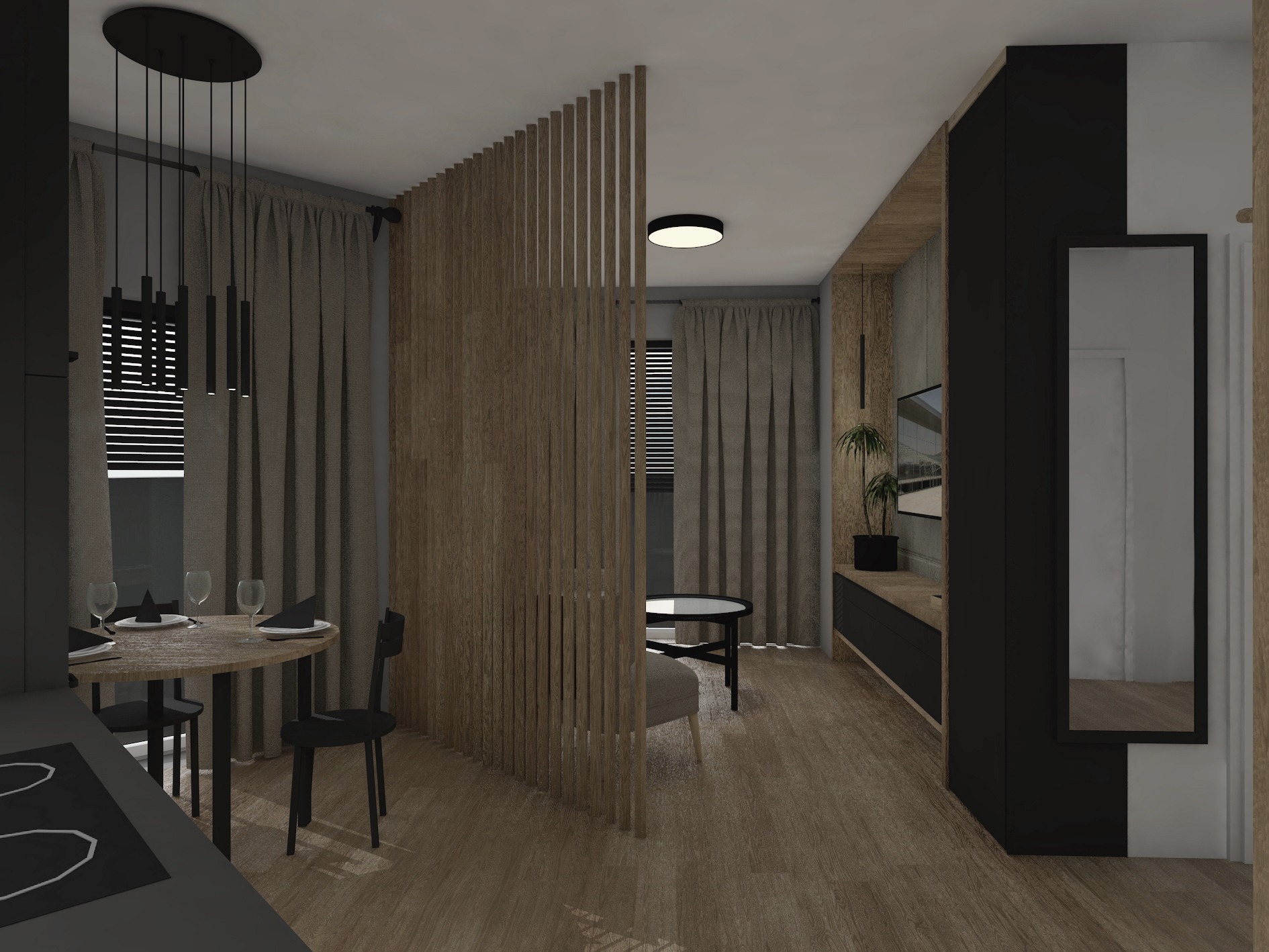 Wnętrze mieszkania z drewnianą ażurową ścianką działową oddzielającą jadalnię z okrągłym stołem i salon z telewizorem i rośliną doniczkową, utrzymane w stonowanej kolorystyce.