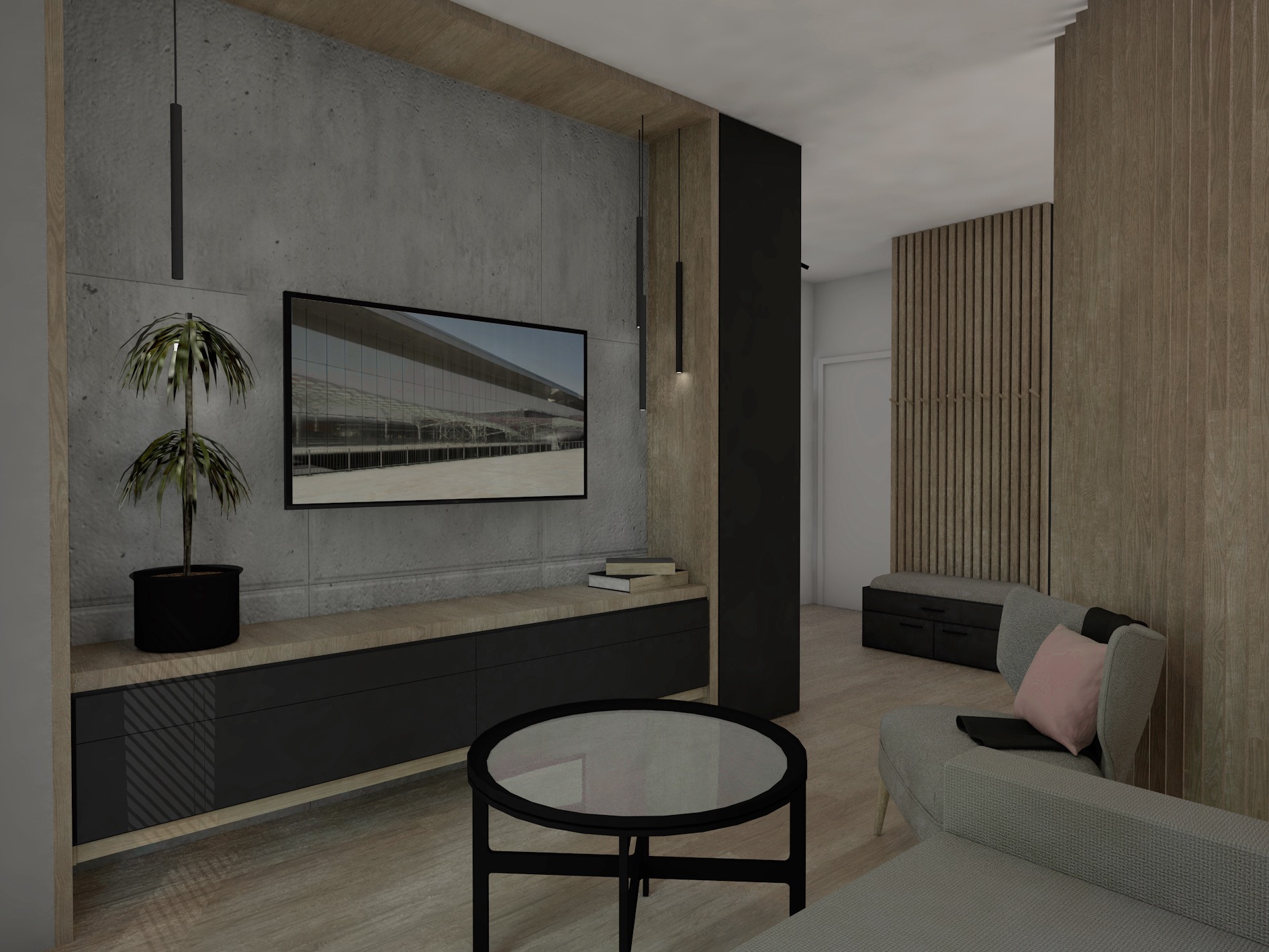 Wizualizacja salonu z betonową ścianą, niską szafką RTV w kolorze drewna i czerni, okrągłym stolikiem kawowym z czarną ramą i szarą sofą z różową poduszką. Na ścianie telewizor wyświetlający...