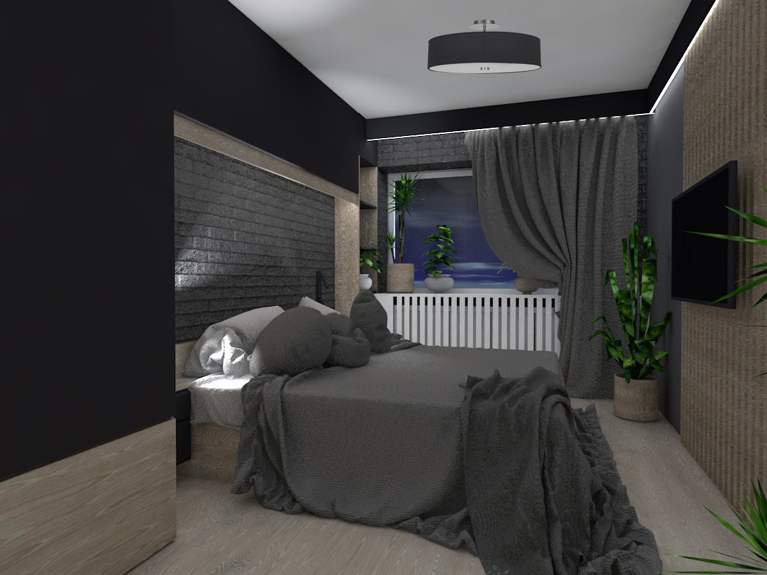 Mieszkanie prywatne. Sypialnia. Ciemne, lecz przytulne pomieszczenie z dodatkowym oświetleniem klimatycznym.