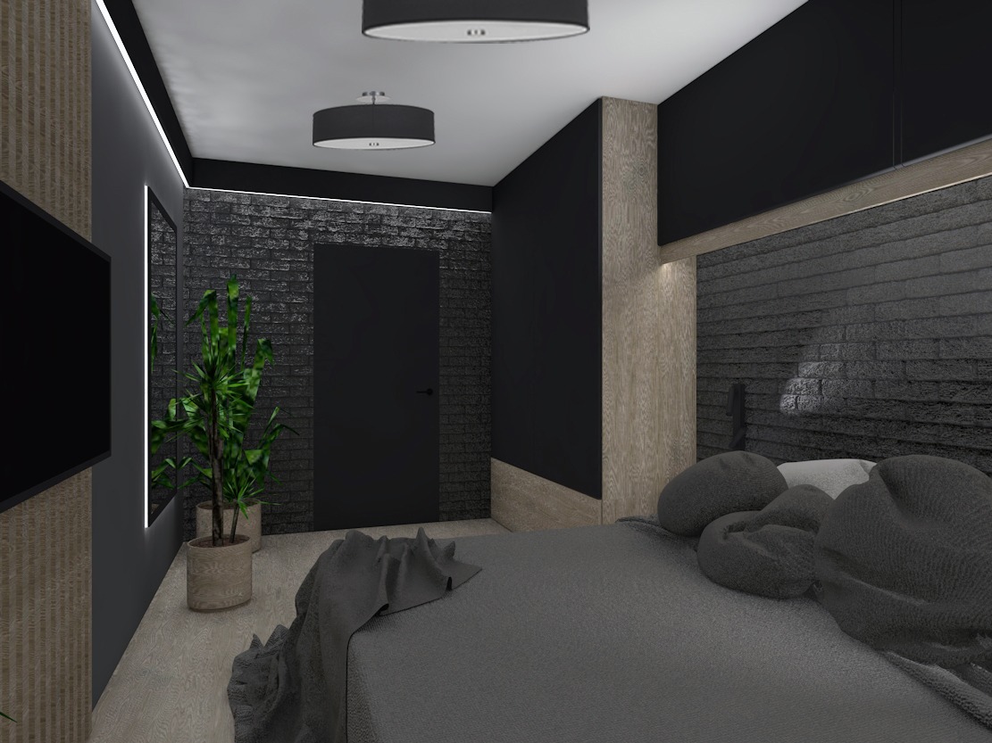 Nowoczesna sypialnia w ciemnych tonacjach z ceglaną ścianą, oświetleniem punktowym i roślinami doniczkowymi, uzupełniona szarą pościelą i dekoracyjnymi poduszkami.