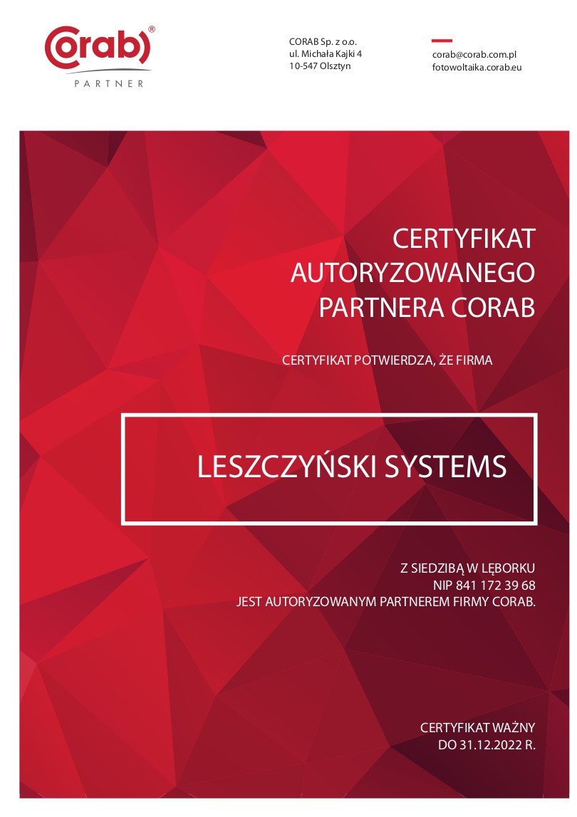 Certyfikat autoryzowanego partnera firmy Corab dla Leszczyński Systems, ważny do 31.12.2022, na czerwonym tle z geometrycznym wzorem.
